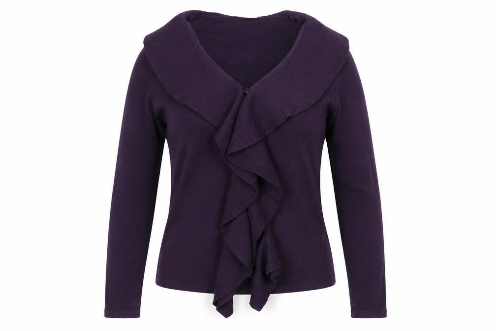 BHS Women's Purple Ruffle V-Neck Cardigan Jumper Size 10