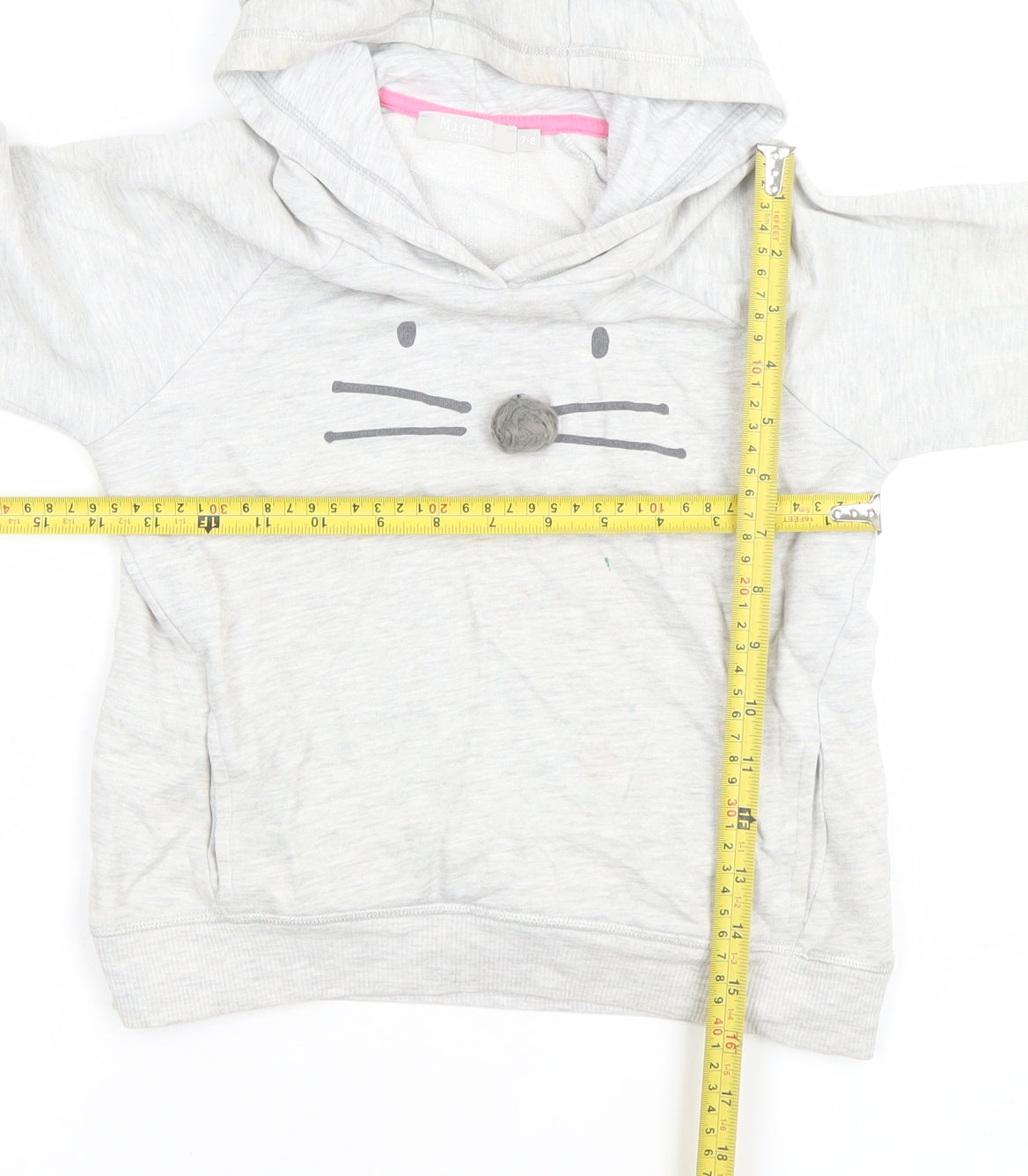 Mintie by Mini Melini Girls Grey Cat Face Hoodie 7-8 Years Pullover