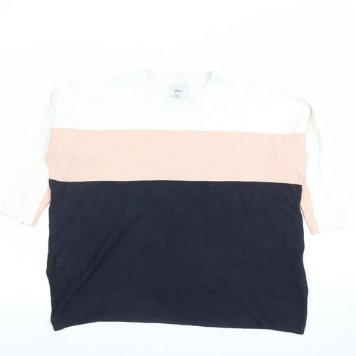 ONLY Womens XL Colourblock Knit Jumper White Pink Navy Casual Top