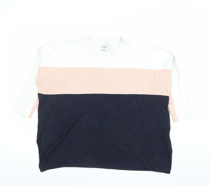ONLY Womens XL Colourblock Knit Jumper White Pink Navy Casual Top