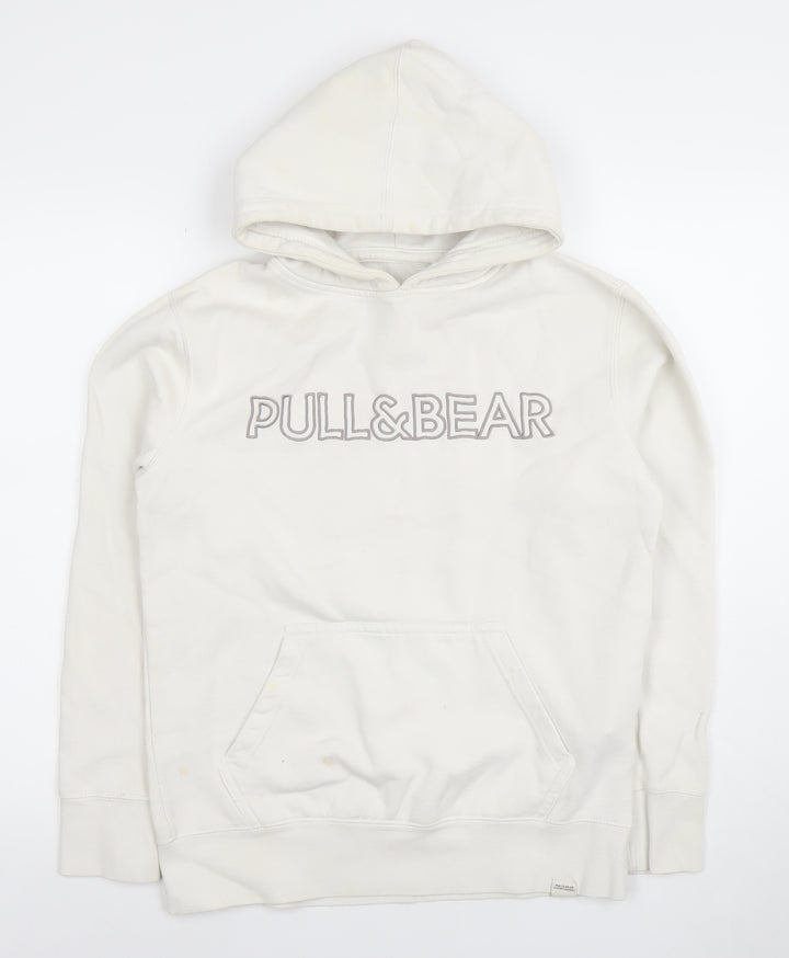 Pull & Bear Women's White Small Pullover Hoodie Cotton Blend