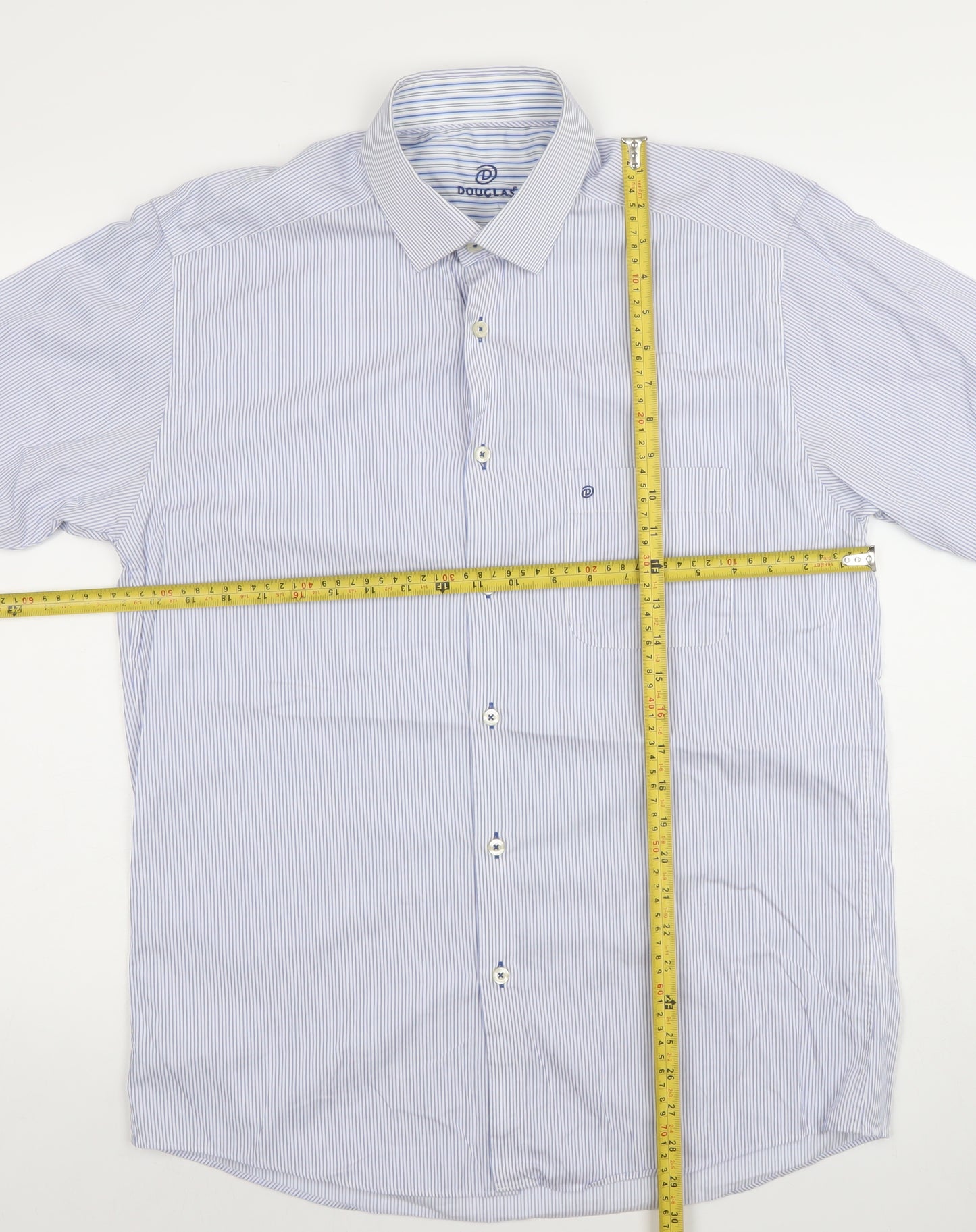 Douglas Mens Blue Striped Short Sleeve Classic Fit 16/41 Dress Shirt