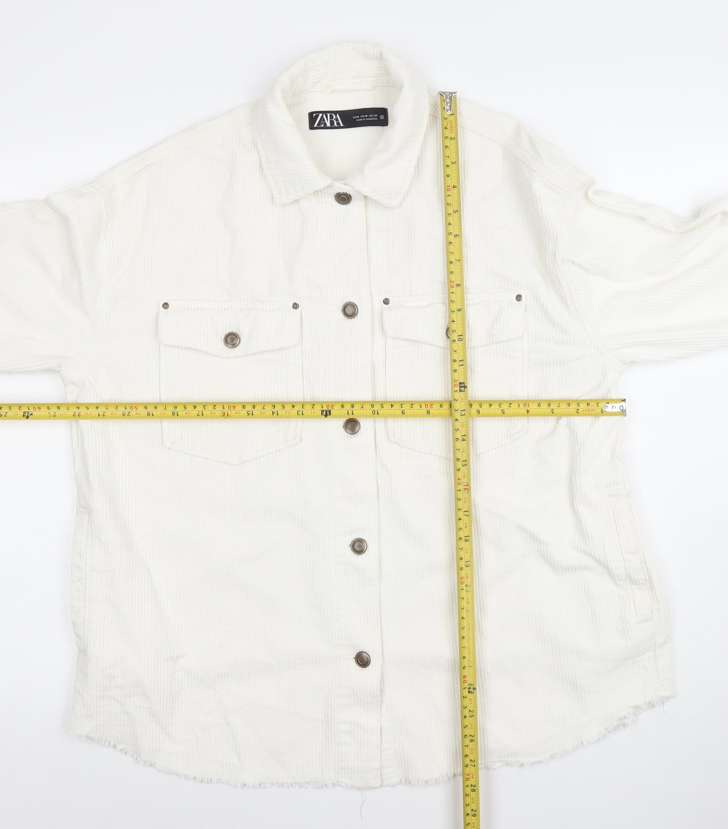 Zara Women White Corduroy Button Jacket Size 12 Cotton Casual