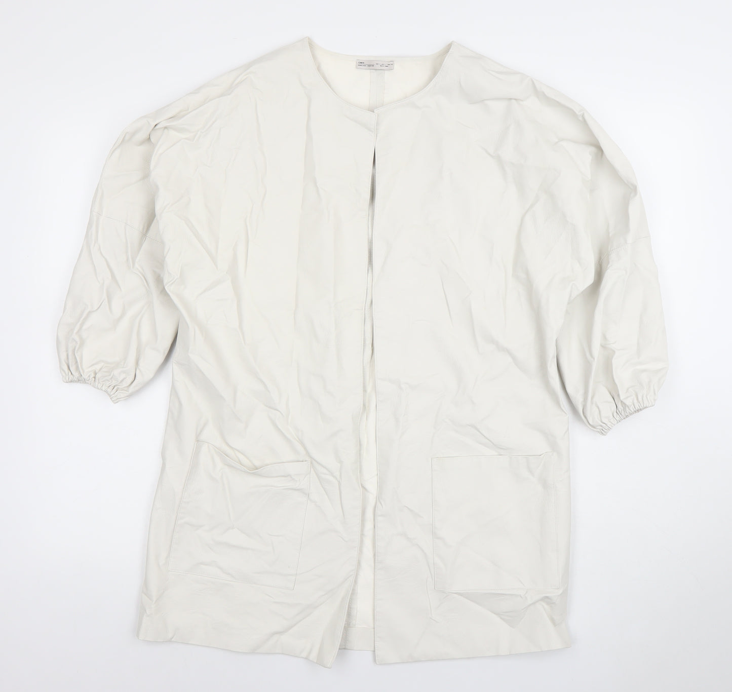 Zara Women White Faux Leather Long Open Overcoat Size S