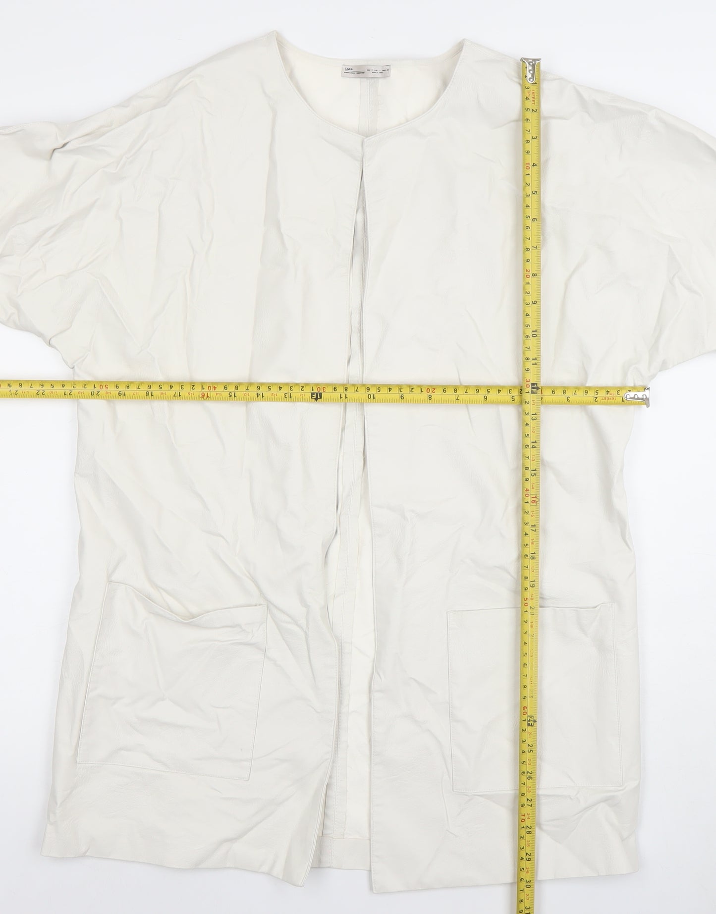 Zara Women White Faux Leather Long Open Overcoat Size S