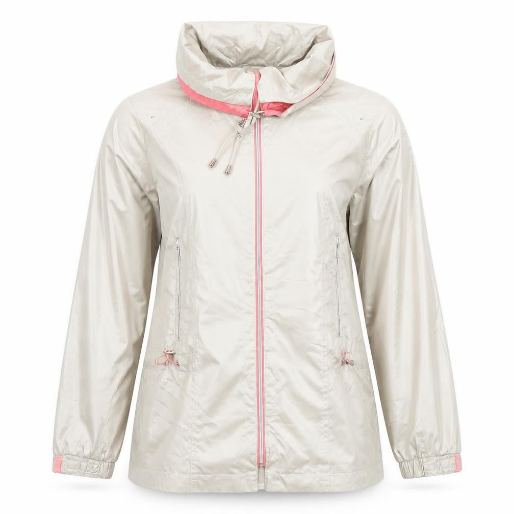 Front view of Franztex women’s beige hooded rain coat jacket l lightweight