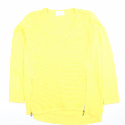 Savida Women’s Yellow V-Neck Knit Zip Detail Long Sleeve Top Size S