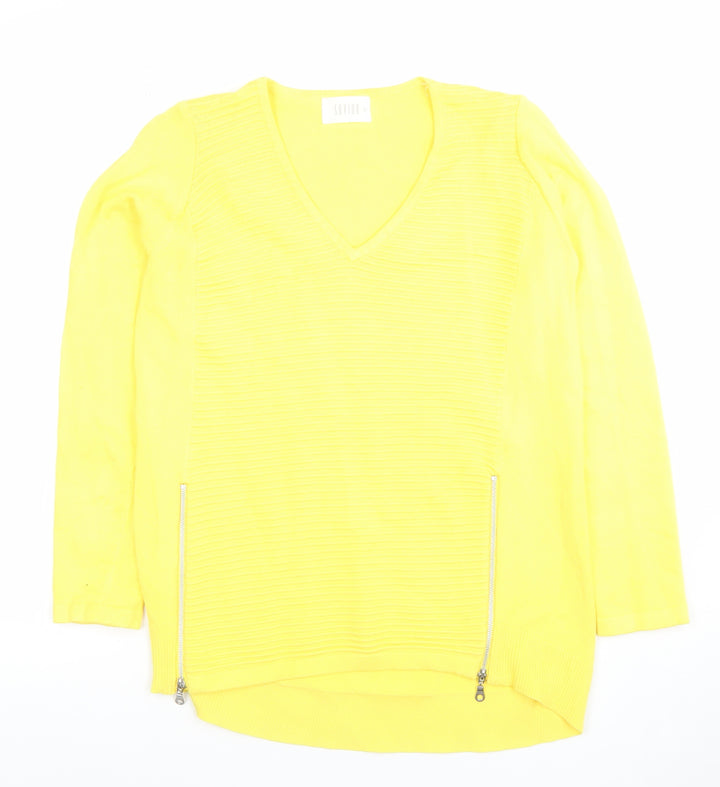 Savida Women’s Yellow V-Neck Knit Zip Detail Long Sleeve Top Size S