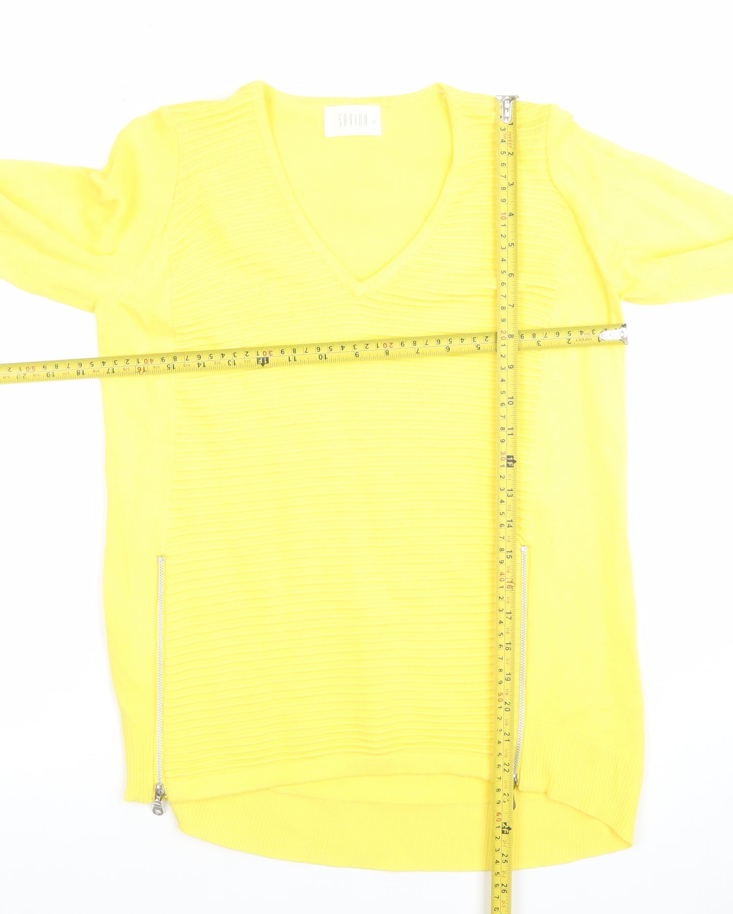 Savida Women’s Yellow V-Neck Knit Zip Detail Long Sleeve Top Size S