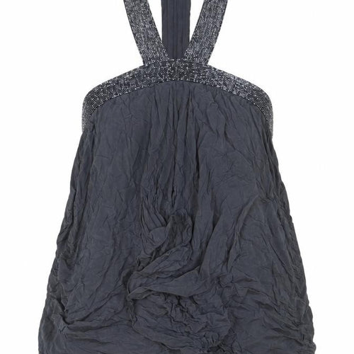 French Connection Women Black Silk Beaded Halter Bubble Hem Dress Size 14