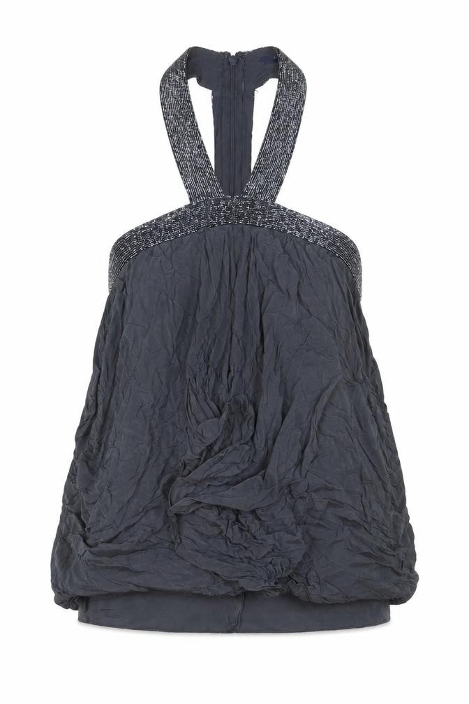 French Connection Women Black Silk Beaded Halter Bubble Hem Dress Size 14