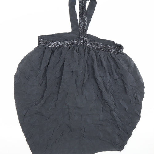 French Connection Women Black Silk Beaded Halter Bubble Hem Dress Size 14