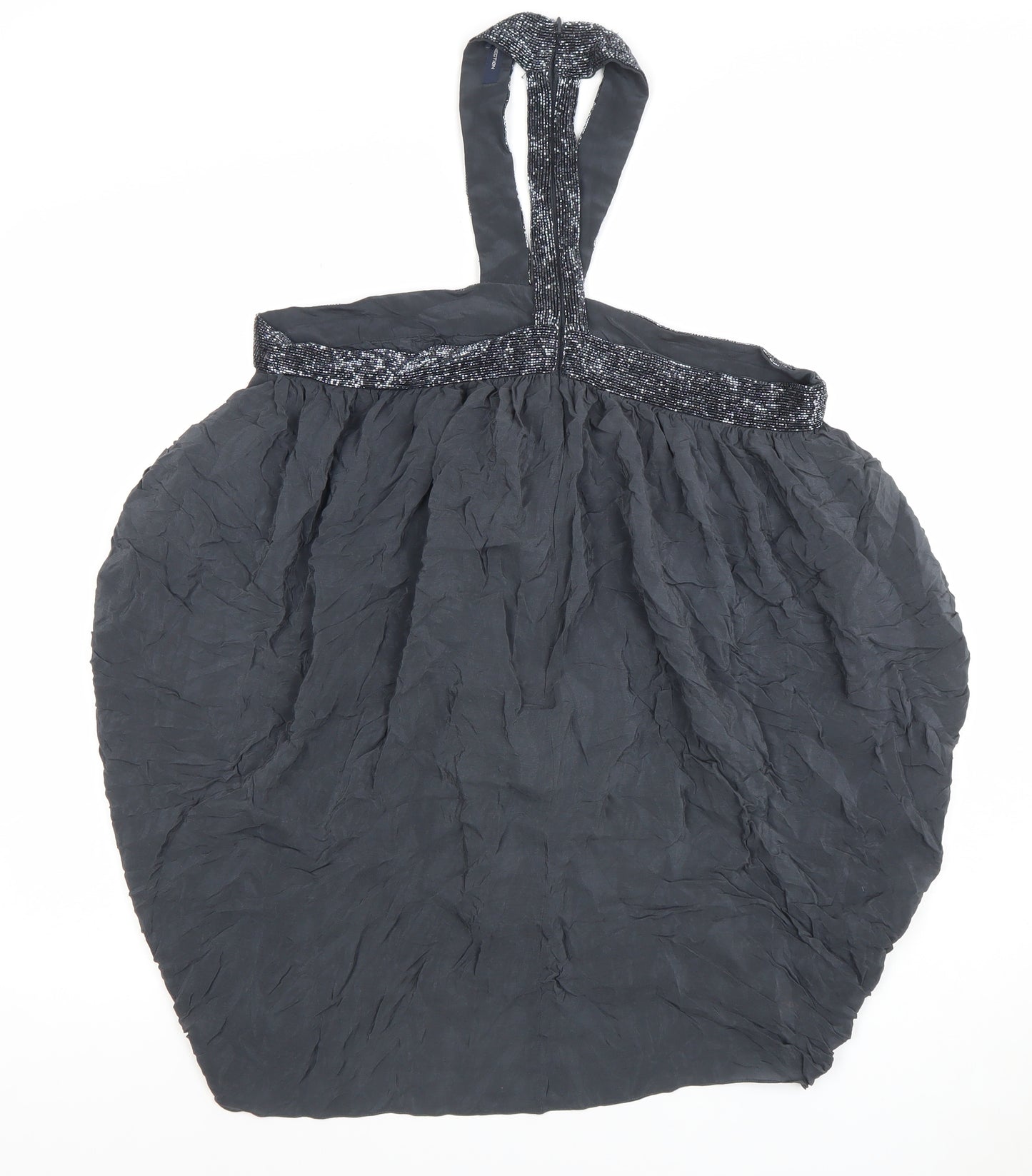 French Connection Women Black Silk Beaded Halter Bubble Hem Dress Size 14