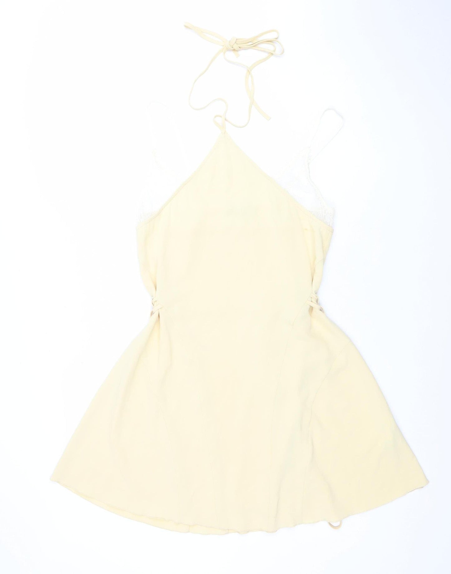 ZARA Women Beige Lace Slip Dress Size 8 V-Neck Strappy Short