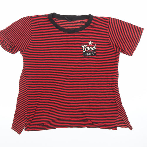 Stradivarius Women's Red Striped Embroidered T-Shirt Size L