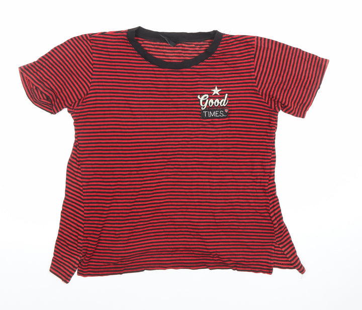 Stradivarius Women's Red Striped Embroidered T-Shirt Size L