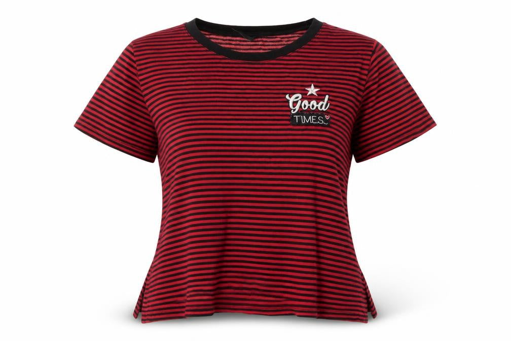 Front view of Stradivarius Women's Red Striped Embroidered T-Shirt, size L