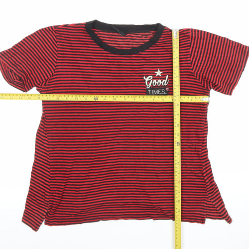 Stradivarius Women's Red Striped Embroidered T-Shirt Size L