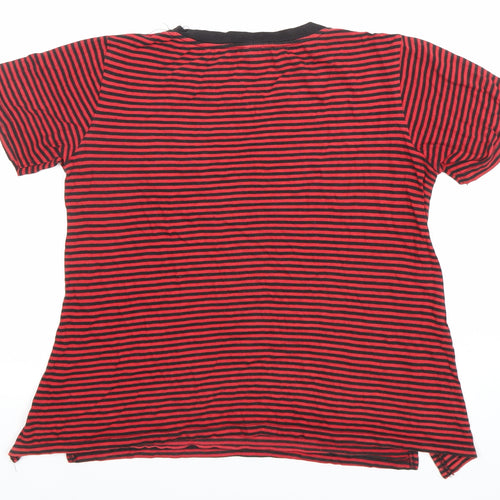 Stradivarius Women's Red Striped Embroidered T-Shirt Size L