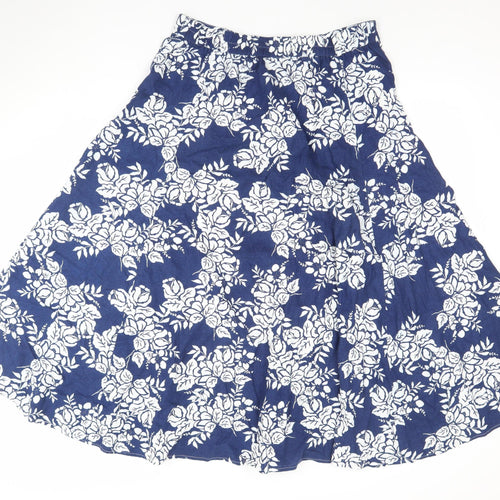 BHS Women Blue Floral Linen A-Line Midi Skirt Size 14