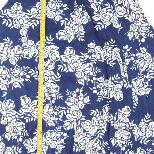 BHS Women Blue Floral Linen A-Line Midi Skirt Size 14