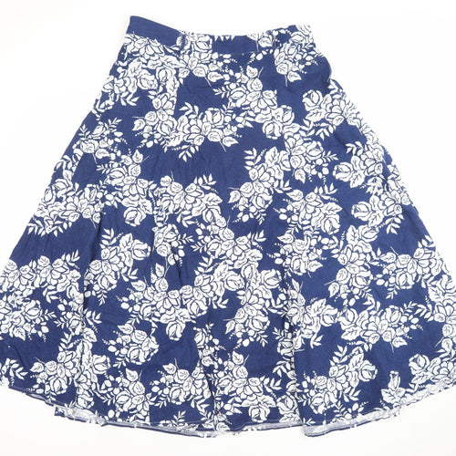 BHS Women Blue Floral Linen A-Line Midi Skirt Size 14