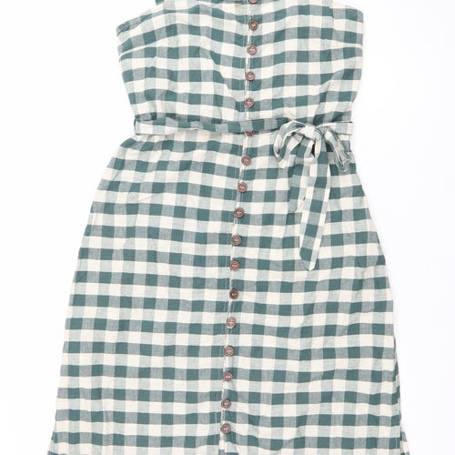 MNG Women Green Check Pinafore Dress Size 8 Cotton Linen