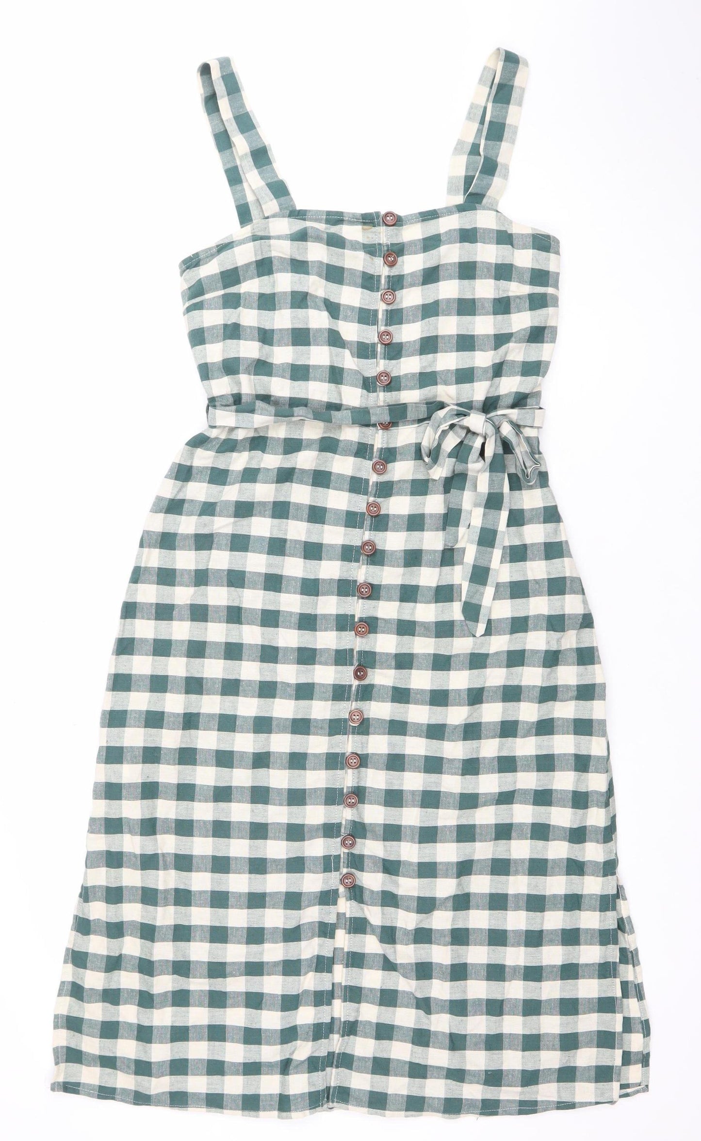 MNG Women Green Check Pinafore Dress Size 8 Cotton Linen