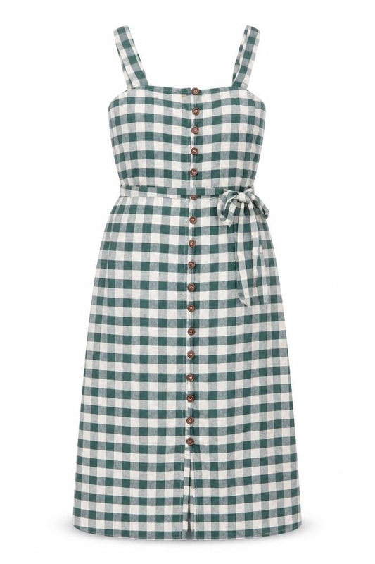 Front view of Mango Women Green Check Pinafore Dress, size 8, Cotton Linen