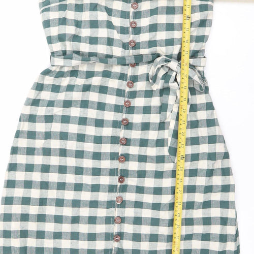 MNG Women Green Check Pinafore Dress Size 8 Cotton Linen