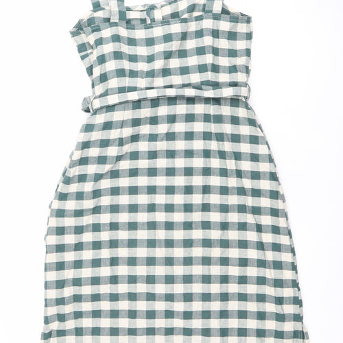 MNG Women Green Check Pinafore Dress Size 8 Cotton Linen