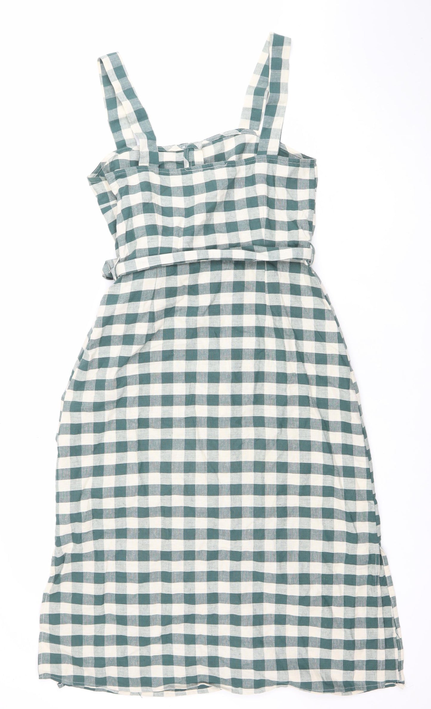 MNG Women Green Check Pinafore Dress Size 8 Cotton Linen
