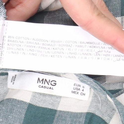 MNG Women Green Check Pinafore Dress Size 8 Cotton Linen