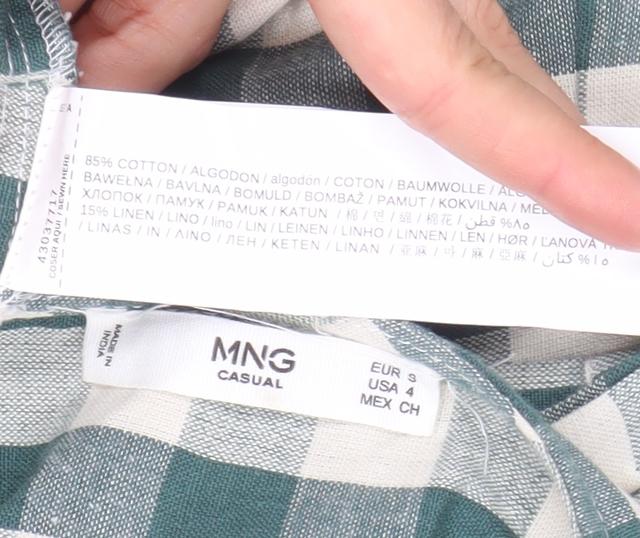 MNG Women Green Check Pinafore Dress Size 8 Cotton Linen