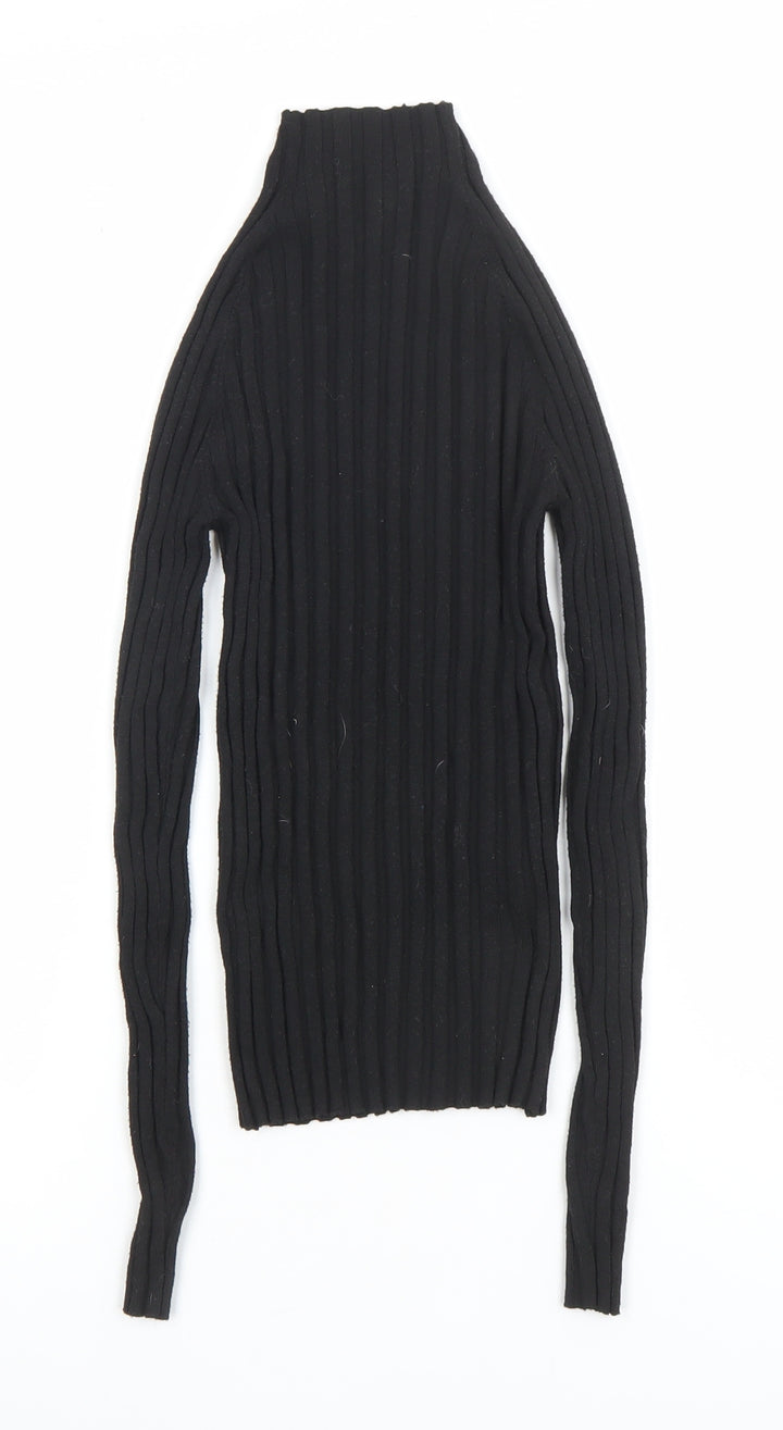 MNG Women's Black Slim Fit Ribbed Knit Mock Neck Long Sleeve Top S