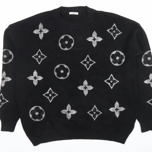 MOËWY Womens Black Crew Neck Pullover Jumper One Size Designer Knitwear