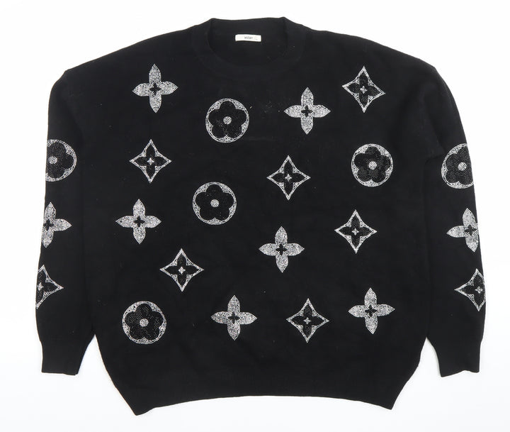 MOËWY Womens Black Crew Neck Pullover Jumper One Size Designer Knitwear