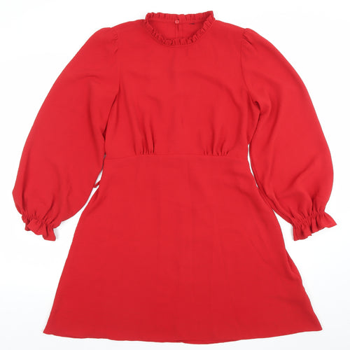 New Look Women Red A-Line Short Dress Size 12 Long Sleeve High Neck