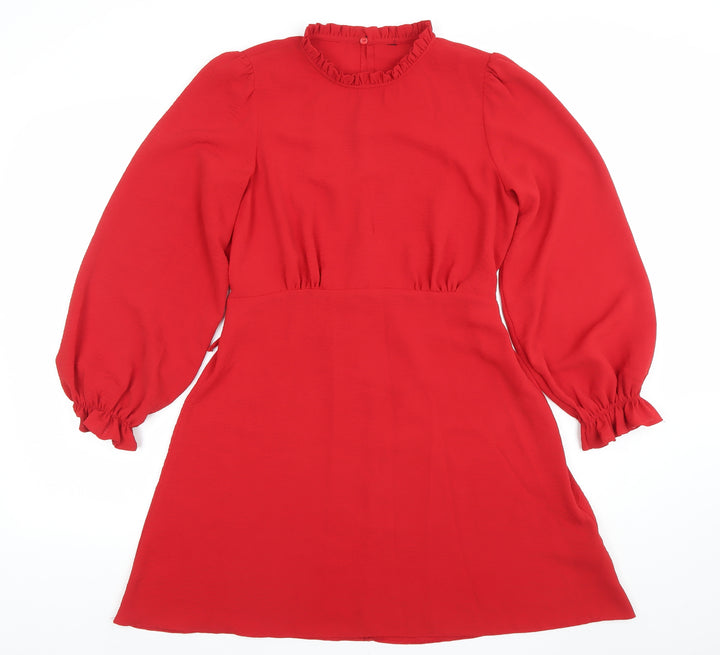 New Look Women Red A-Line Short Dress Size 12 Long Sleeve High Neck