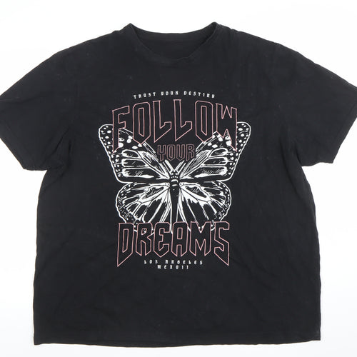 Women's Black 2XL Graphic Butterfly Cotton T-Shirt Short Sleeve Casual Top