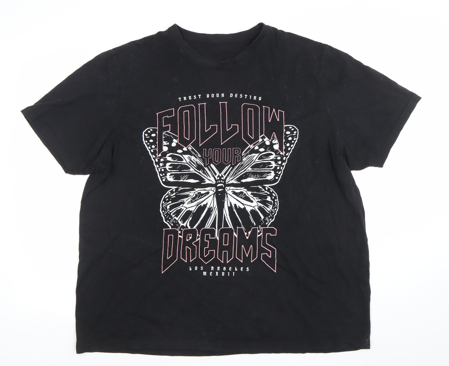 Women's Black 2XL Graphic Butterfly Cotton T-Shirt Short Sleeve Casual Top