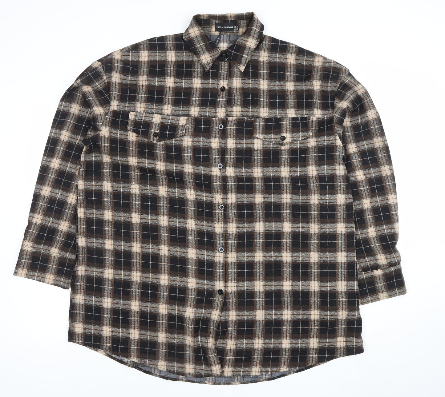 PrettyLittleThing Women's Brown Check Long Sleeve Button-Up Shirt Size 14