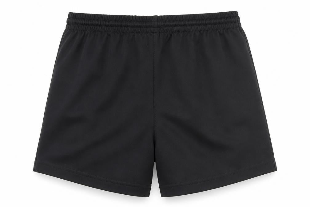 Front view of Umbro boys’ black large b athletic sports shorts polyester activewear