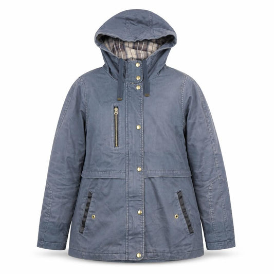 Front view of Topshop Women's Blue Hooded Parka Jacket, size 12, Cotton Blend
