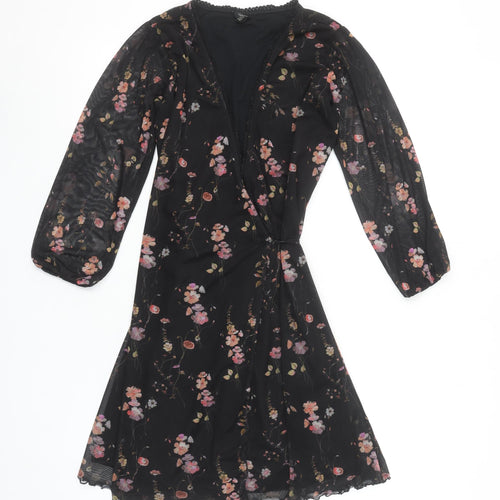 Urban Outfitters Women Black Floral Wrap Dress XS Long Sleeve