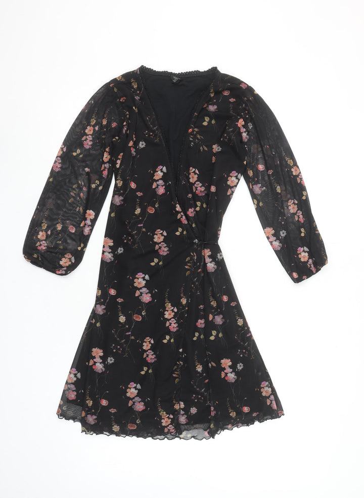 Urban Outfitters Women Black Floral Wrap Dress XS Long Sleeve
