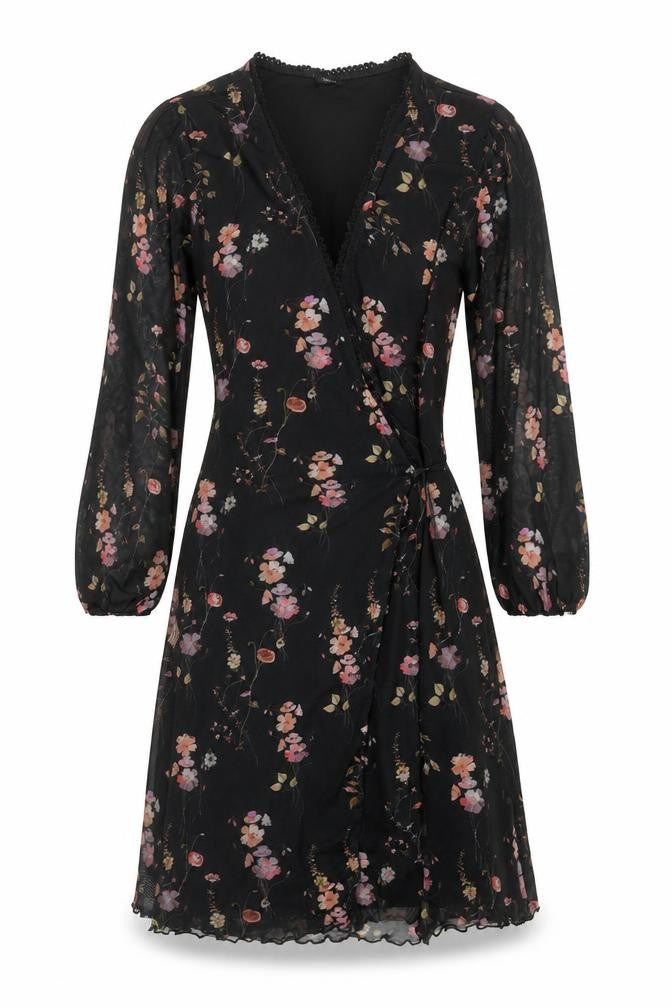 Urban Outfitters Women Black Floral Wrap Dress XS Long Sleeve