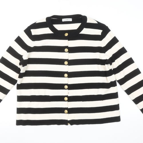 Gallery Women’s Black Ivory Striped Cardigan L Crew Neck Knit