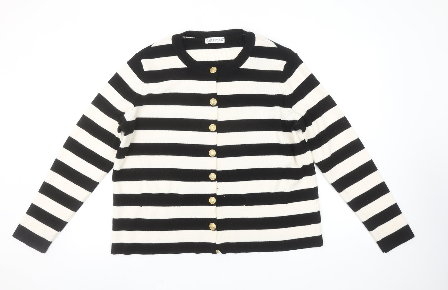Gallery Women’s Black Ivory Striped Cardigan L Crew Neck Knit