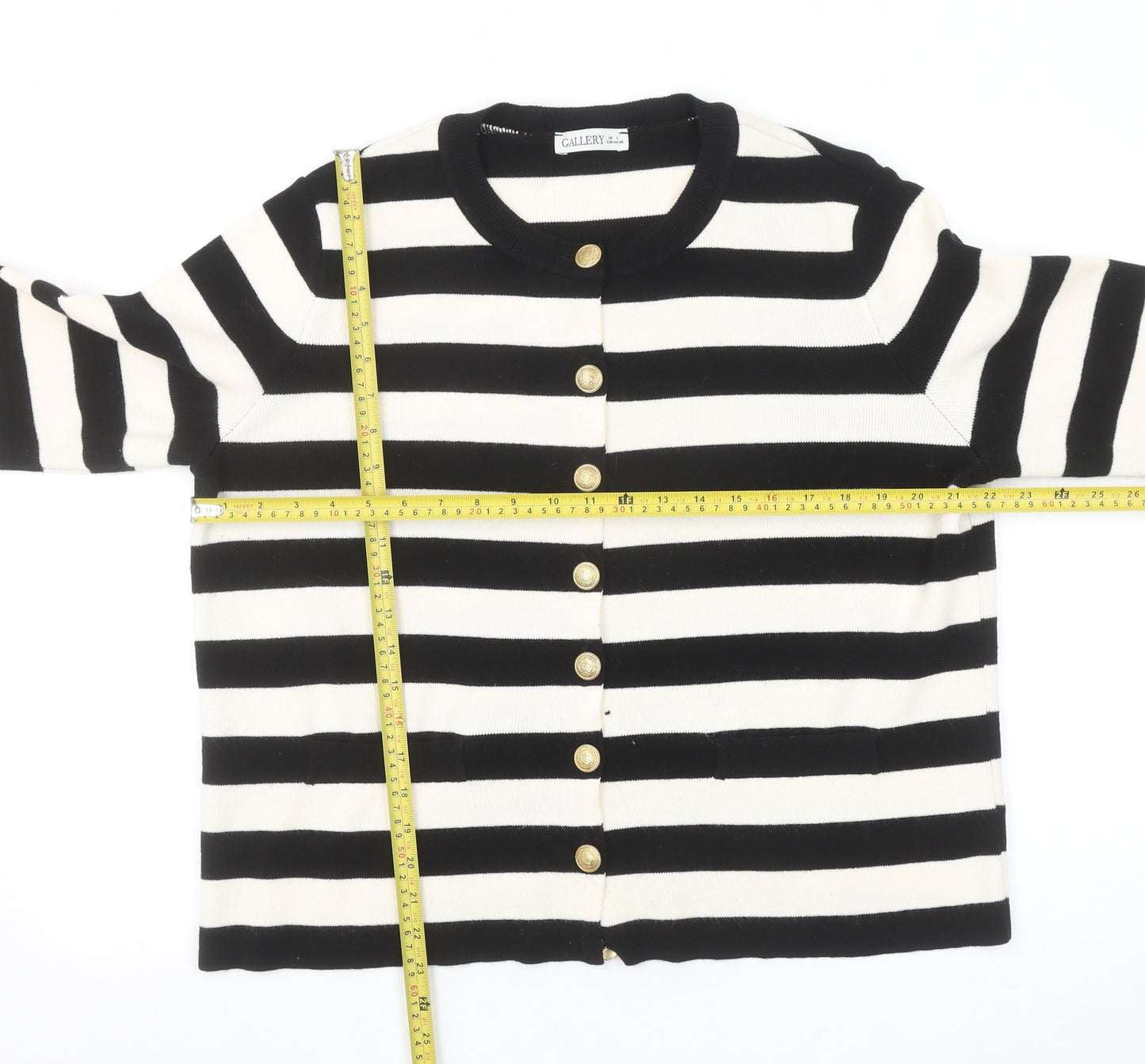 Gallery Women’s Black Ivory Striped Cardigan L Crew Neck Knit